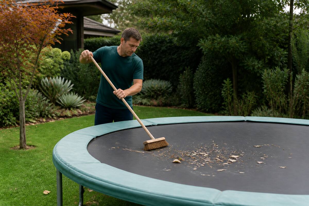Trampoline in de tuin wordt schoongemaakt met een zachte bezem