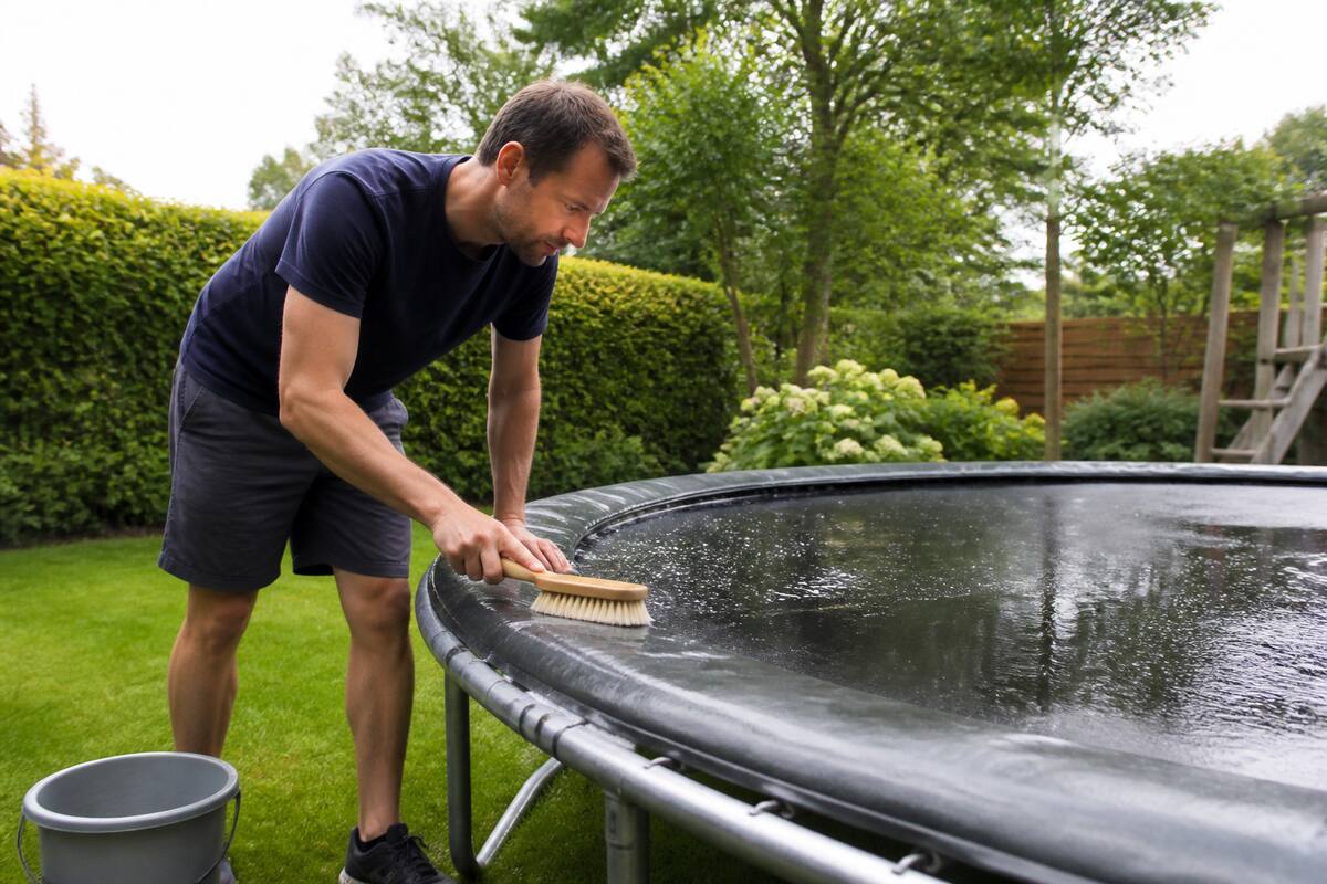 Trampoline schoonmaken met zachte borstel in de tuin
