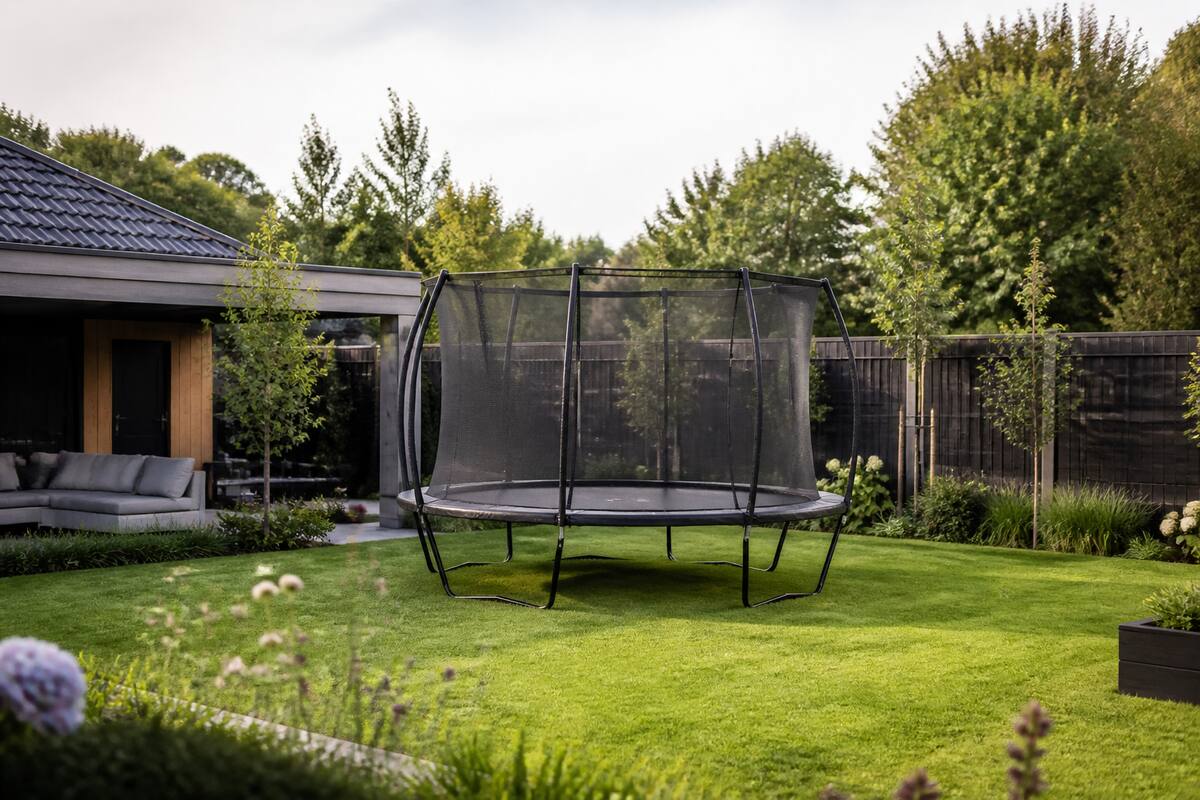 Trampoline met veiligheidsnet in een ruime achtertuin