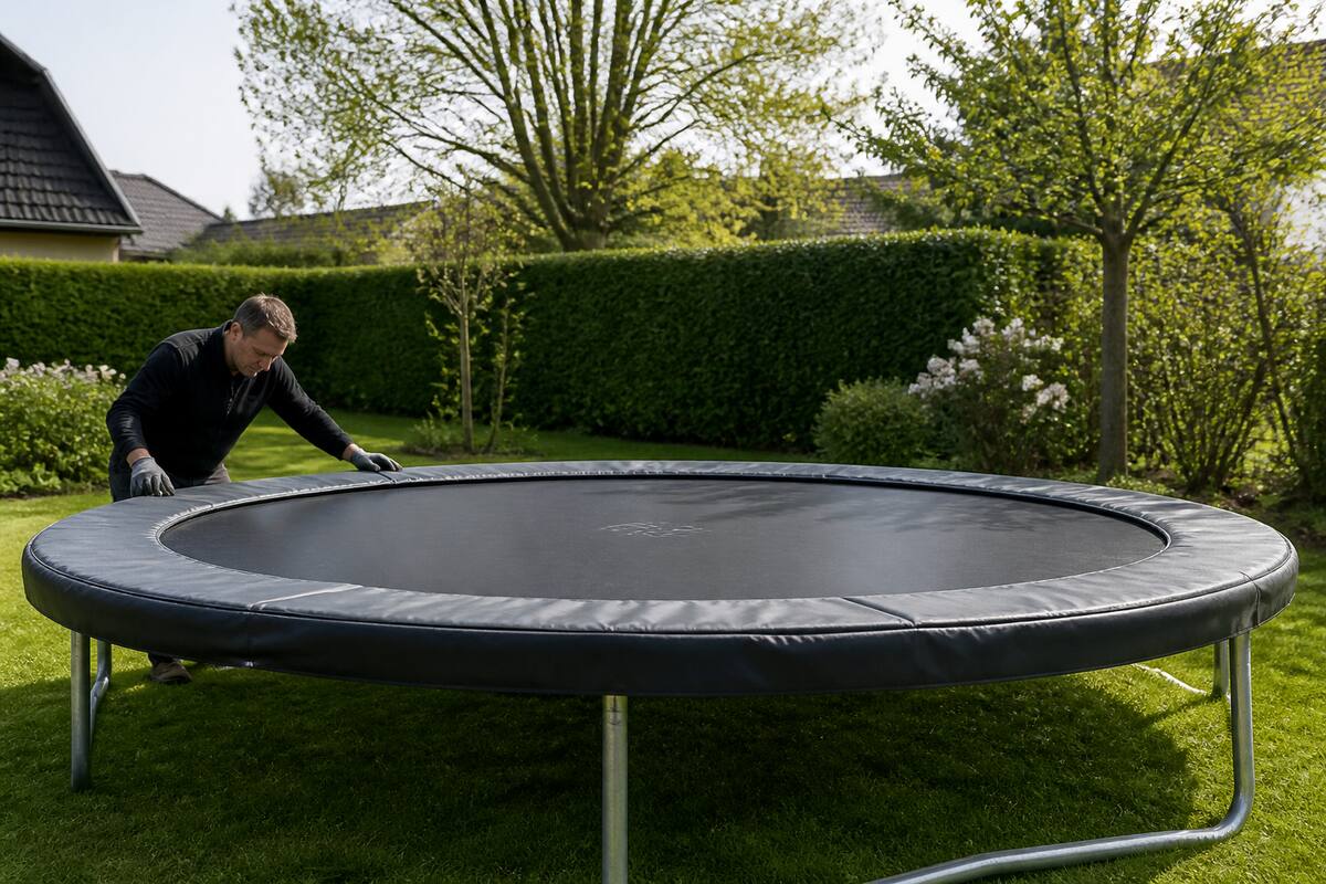 Trampoline in de tuin die wordt gecontroleerd en onderhouden