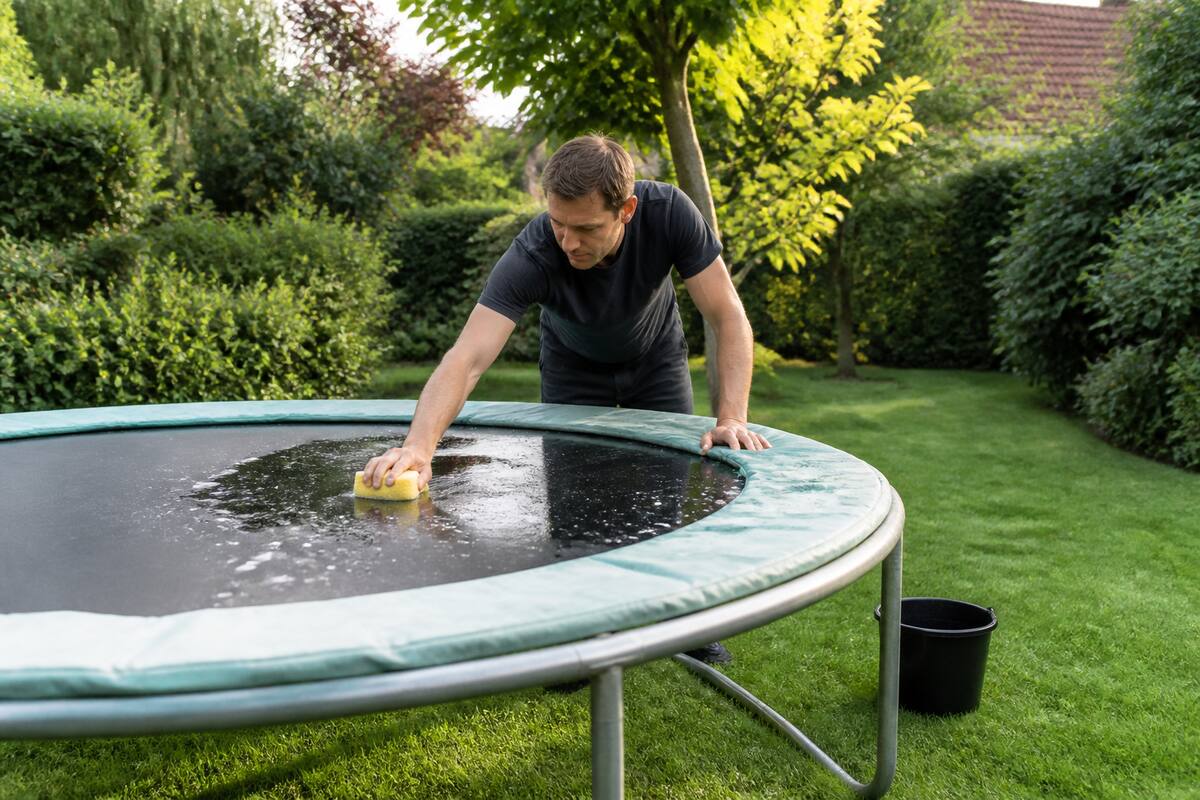 Trampoline schoonmaken met spons en emmer in een tuin