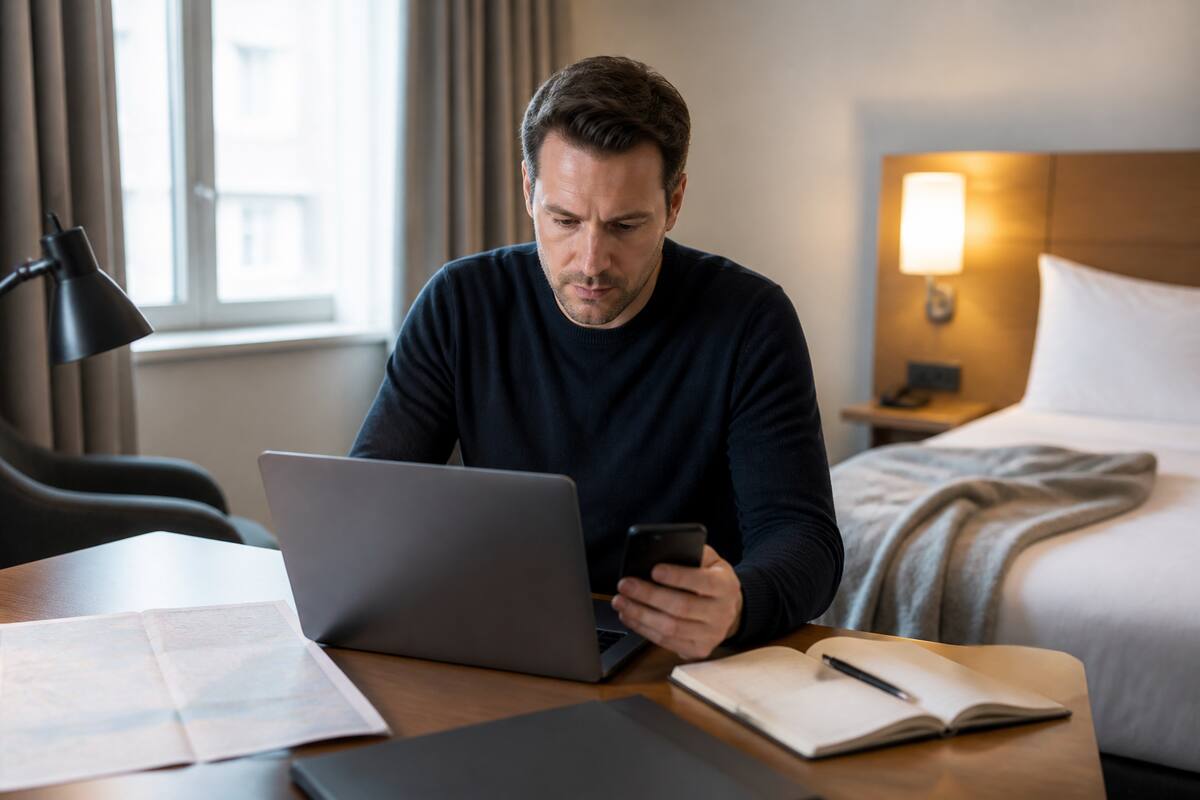 Iemand die in een hotelkamer praktische reisadministratie bijhoudt tijdens ziekte op reis