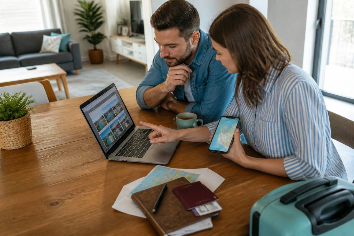 Een koppel vergelijkt reisopties op een laptop en smartphone terwijl ze hun vakantie plannen