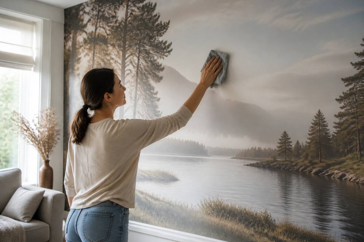 Iemand die fotobehang voorzichtig schoonmaakt met een zachte microvezeldoek