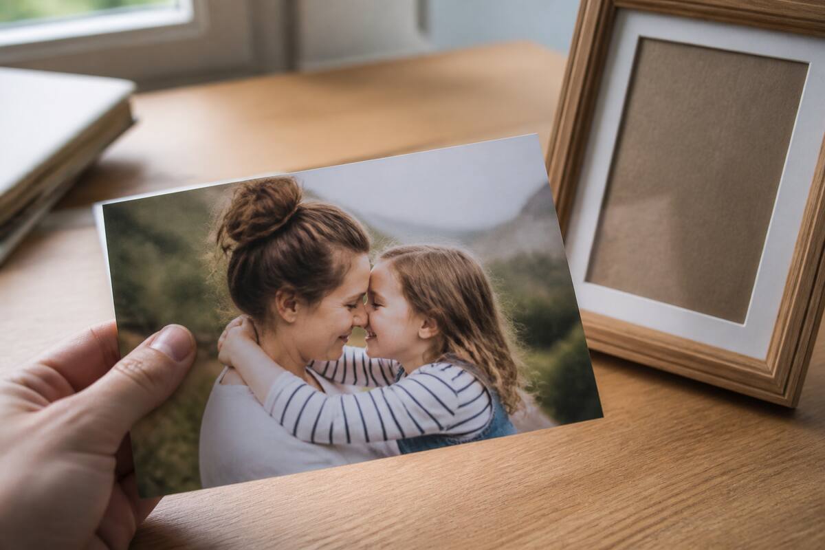Een realistische close-up van een persoon die een net afgedrukte foto vasthoudt naast een fotolijst, in natuurlijk daglicht.