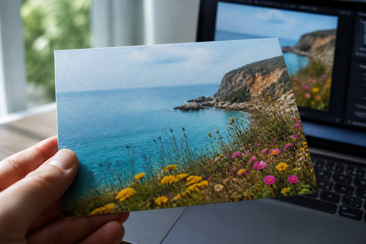 Hand die een recente fotoafdruk op mat papier vasthoudt bij daglicht, met een onscherpe fotovoorkeur op de achtergrond