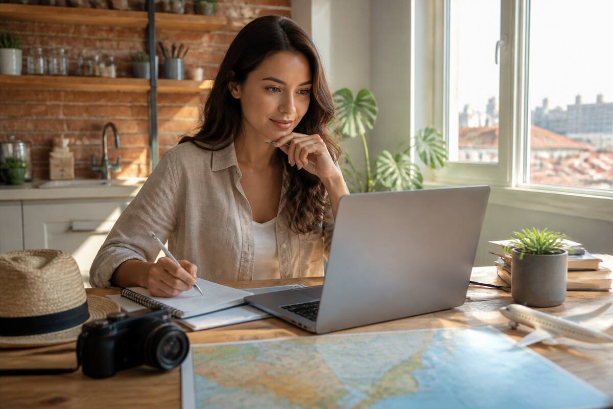 Iemand die op een laptop een vakantie shortlist maakt met een checklist en notitieboekje