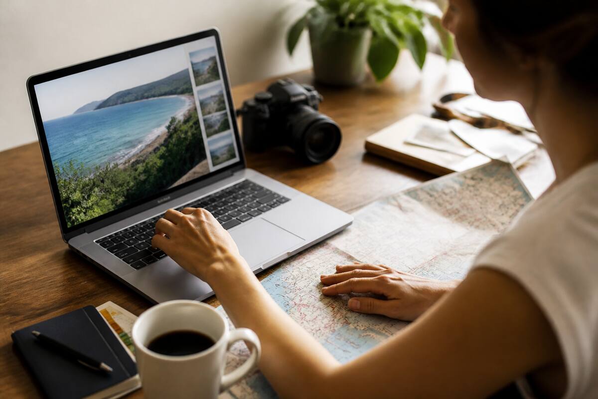 Een persoon vergelijkt reisopties op een laptop en op een kaart aan tafel